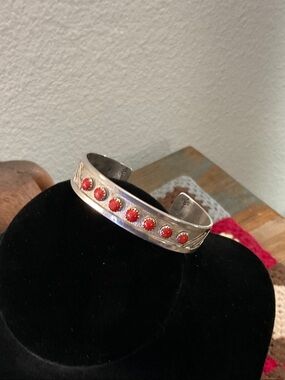 Sterling Silver Cuff Bracelet with Coral Stone Accents